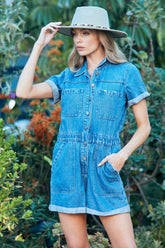 Veveret Women's Elastic Waistband Denim Romper - Trendy & Stylish Cotton One-Piece